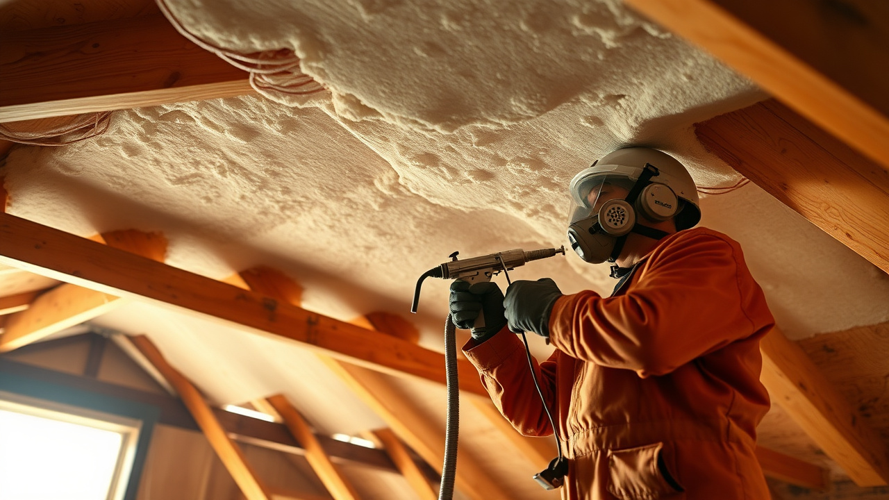 Technician spray-applying closed-cell spray foam insulation to a roof deck in a Safford, Arizona attic